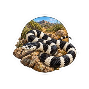 May include: A circular sticker featuring a black and white banded snake coiled on textured brown rocks. The snake has a forked tongue extended. The background shows a desert landscape with sparse green shrubs, dry grasses, and distant hills.