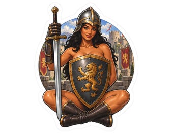 Ridder pin-up sticker, vrouwelijke ridder pin-up kunst voor fantasyfans en liefhebbers van de middeleeuwen.