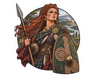 Sticker van een Keltische krijger, een stoere afbeelding van een vrouwelijke Keltische krijger voor mythologiefans en geschiedenisliefhebbers.