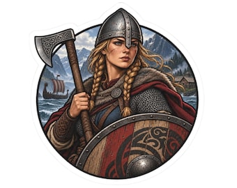 Sticker met schildmaagd voor historici, afbeelding van een Vikingkrijger