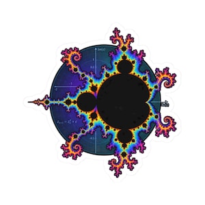 May include: A sticker featuring a colorful Mandelbrot set fractal with a black central shape surrounded by vibrant yellow, blue, and magenta patterns. The design includes a dark blue circular coordinate plane with the mathematical formula z(n+1) = z(n)^2 + c.