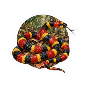 Peut inclure: Un autocollant circulaire représentant un serpent corail enroulé avec des bandes vives rouges, jaunes et noires. Le serpent a une tête noire avec un museau rouge et une langue fourchue sortie. Le fond montre un sol forestier détaillé.