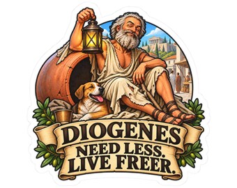 Diogenes sticker, Oudgriekse filosoof met lantaarn en hond, sticker met cynische filosofie, cadeau voor nieuwsgierige geesten