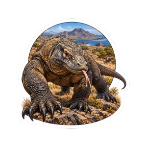 May include: A circular sticker featuring a detailed illustration of a Komodo dragon with textured brown and grey scales, sharp claws, and a forked tongue extended, set against a backdrop of a dry, grassy landscape with distant mountains and blue water.