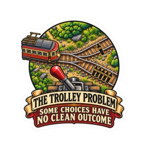 Könnte beinhalten: Ein runder Aufkleber mit einer roten Straßenbahn auf Schienen, einem roten Hebel und an die Gleise gebundenen Figuren. Darunter steht auf einem Banner: THE TROLLEY PROBLEM SOME CHOICES HAVE NO CLEAN OUTCOME. Das Design zeigt grüne Pflanzen und Felsen.