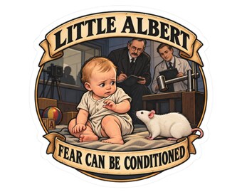 Sticker met het Kleine Albert-experiment voor psychologiestudenten, sticker met de geschiedenis van geconditioneerde angst.