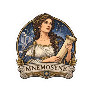 May include: A circular sticker featuring a woman with long brown hair wearing a white and blue garment, holding a scroll. The background shows a starry sky and a classical temple. A banner at the bottom displays the text MNEMOSYNE in black letters.