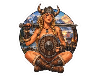 Sticker met schildmaagd, pin-upkunst, sticker met roodharige Vikingkrijger voor Vikingfans en liefhebbers van mythologie.