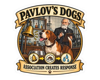 Sticker van Pavlovs hond voor psychologiedocenten, visueel hulpmiddel voor klassieke conditionering in de klas.