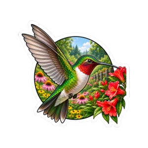 May include: A circular sticker featuring a hummingbird with iridescent green feathers and a bright red throat patch hovering near vibrant red trumpet-shaped flowers. The background shows a garden with pink coneflowers and green trees.
