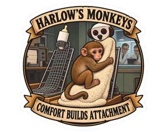 Harlow's Monkeys sticker, babyaapje dat zich vastklampt aan een knuffeldoekje, knuffelen bevordert hechting, historisch cadeau