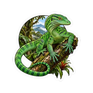 May include: A vibrant green lizard with dark horizontal stripes and a long tail, perched on a mossy brown tree branch. The lizard is positioned in front of a circular background featuring a lush tropical rainforest with distant mountains.