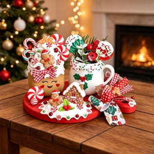 May include: A decorative holiday display featuring a tan mug with a smiling face, topped with faux whipped cream, candy canes, and a gingerbread man. Beside it, a white mug with holly, lollipops, and a miniature gingerbread house on a red tray.