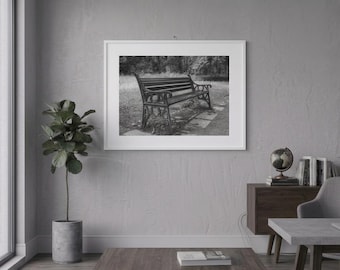 Banco de parque en blanco y negro en un entorno de madera. Descarga digital de arte mural hasta tamaño A1.