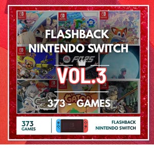 Op de afbeelding: Een digitale grafische weergave met een raster van negen Nintendo Switch-gamecovers. De tekst luidt FLASHBACK NINTENDO SWITCH VOL.3, 373 GAMES, en bevat een kleine illustratie van een Nintendo Switch-console met een blauwe en rode controller.