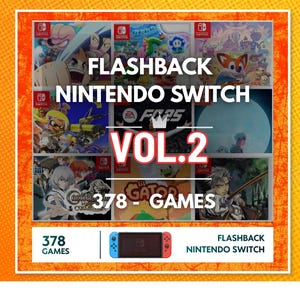 May include: A digital collection titled FLASHBACK NINTENDO SWITCH VOL.2 378 GAMES featuring a grid of various Nintendo Switch game cover art, a central crown icon, and a small illustration of a blue and red Nintendo Switch console at the bottom.