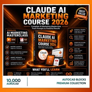 Może przedstawiać: Reklama kursu marketingowego zatytułowana Claude AI Marketing Course 2026. Grafika przedstawia książkę, tablet i laptop na świecącej pomarańczowej platformie, otoczone listami tekstowymi opisującymi moduły kursu oraz korzyści.