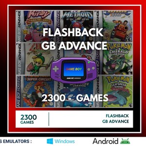 May include: A digital collection titled FLASHBACK GB ADVANCE 2300 GAMES featuring a purple handheld game console graphic and a collage of various Game Boy Advance game covers including Kirby, Metroid, and Pokemon titles for Windows and Android.