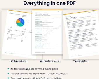 GED Printable, 330 Practice Questions with Answers, Math Science Social Studies PDF