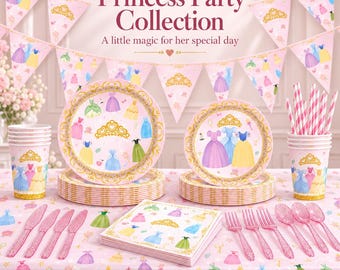 Set di articoli per la festa di compleanno a tema principessa, con stoviglie a tema abito pastello, piatti, bicchieri, striscione, cannucce e tovaglia.