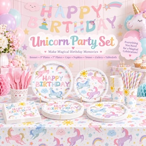 May include: A unicorn-themed party set featuring a Happy Birthday banner, 9-inch and 7-inch plates, cups, napkins, straws, and cutlery. The items are decorated with pastel-colored unicorns, rainbows, clouds, and suns on a white background.