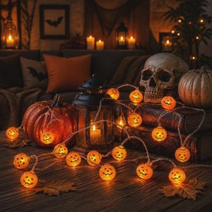 Peut inclure: Une guirlande lumineuse orange en forme de citrouilles d'Halloween aux visages illuminés, drapée sur une lanterne en métal sombre, une grosse citrouille, une pile de vieux livres et un crâne humain réaliste sur une surface en bois.