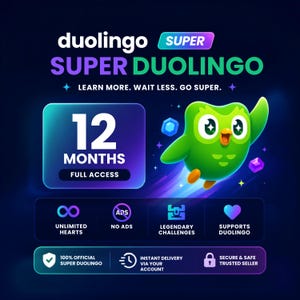 May include: A digital graphic for Super Duolingo featuring the green owl mascot, the text 12 MONTHS FULL ACCESS, and icons representing unlimited hearts, no ads, legendary challenges, and support. The design includes a dark blue background.