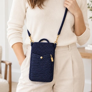 Modello PDF per borsa per cellulare all'uncinetto, pochette a tracolla con tasca, tutorial per borsetta piccola e moderna.