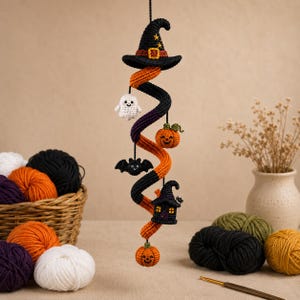 Puede incluir: Una decoración de Halloween de ganchillo colgante con un sombrero de bruja negro en la parte superior, seguido de una espiral de hilo naranja y negro. A la espiral se fijan pequeñas figuras de ganchillo: un fantasma blanco, una calabaza naranja, un murciélago negro y una casa.