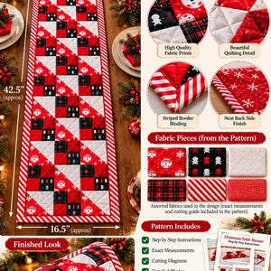 Puede incluir: Un patrón de acolchado para camino de mesa navideño con diseño geométrico en rojo, blanco y negro, con motivos de muñecos de nieve y copos. El documento incluye instrucciones paso a paso, muestras de tela y mide 42.5 por 16.5 pulgadas.