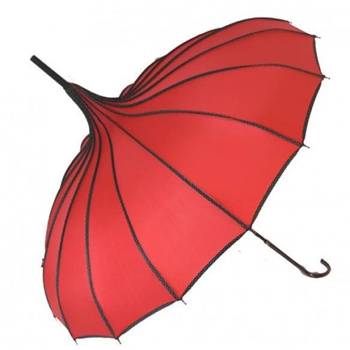 Red ribbed Pagoda style umbrella. Edwardian umbrella, red umbrella, wind, sun, and rain umbrella.