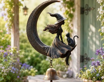 Witch Black Cat Moon Wind Chime Gothic Halloween Hanging Bell Garden Decor