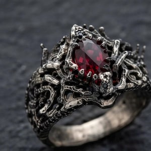 Gothic Red Garnet Ring, Dark Fantasy Sterling Silver, Oxidized Thorny Vine Design
