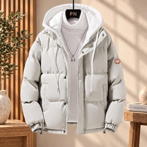 Puede incluir: Una chaqueta acolchada de color gris claro con capucha blanca, cierre frontal de cremallera con botones a presión y puños elásticos. La prenda incluye un pequeño parche circular naranja en la manga izquierda sobre un suéter de cuello alto.