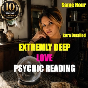 May include: A person with brown hair sits behind a clear crystal ball on a patterned table. Text reads: 10 Years of Experience, Same Hour, Extra Detailed, EXTREMELY DEEP LOVE PSYCHIC READING. The setting includes a dark wooden shelf and a glass bottle.