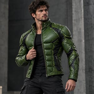 Puede incluir: Una chaqueta de cuero verde con cuello alto, cierre de botones a presión y paneles laterales negros. La chaqueta presenta un diseño texturizado y acolchado en el pecho y los hombros, mangas largas y una cremallera frontal.