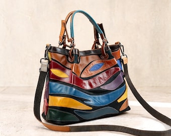 Borsa a mano in vera pelle con patchwork, borsa a tracolla colorata, borsa tote boho
