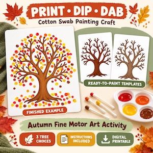 May include: A cotton swab painting craft kit featuring a finished tree example with red, yellow, and brown dots, two blank tree templates, four cotton swabs, and a paint palette with red, orange, yellow, and brown paint colors.