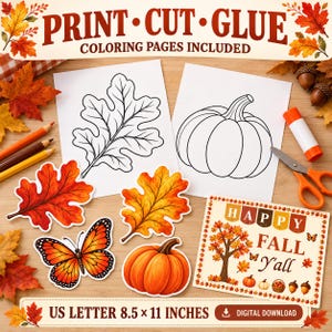 Può includere: Un set da scaricare digitalmente con pagine da colorare di una foglia di quercia e una zucca, insieme a ritagli di foglie autunnali, una farfalla monarca, una zucca e un cartello con il testo HAPPY FALL Y'ALL, di 21,59 per 27,94 cm.