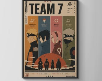 Team 7 Naruto Anime Poster, Retro Minimalist Wall Art, Kakashi Sakura Sasuke Print