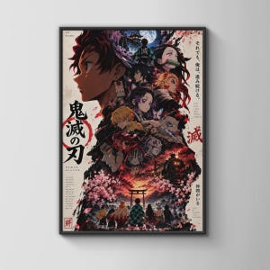 May include: A vertical rectangular poster featuring a collage of anime characters from Demon Slayer. The artwork includes Tanjiro Kamado, Nezuko, and other figures set against a backdrop of cherry blossoms, a train, and a torii gate with Japanese text.