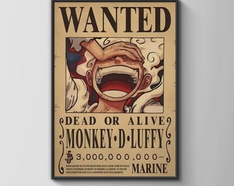 Luffy Gear 5 Wanted Poster, One Piece Anime Wall Art, Manga Print, Pirate Decor