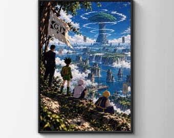 Anime Fantasy Landscape Poster, Floating Islands Wall Art, Giant Tree Print, Greed Island Game Fan