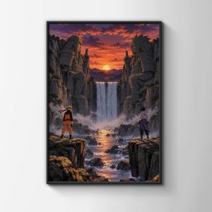 May include: A framed wall art print depicting two anime characters standing on opposite rocky cliffs facing a large waterfall. In the background, two massive stone statues are carved into the mountainside under a vibrant orange sunset sky.