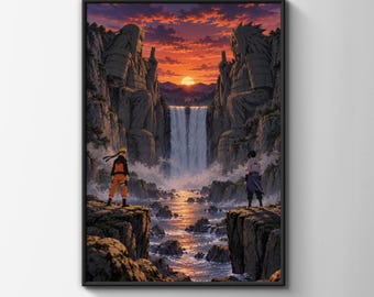 Naruto vs Sasuke Valley of the End Anime Poster, Sunset Waterfall Wall Art Print
