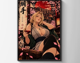 Tsunade Anime Poster, Japanese Cherry Blossom Wall Art, Red Sun Village Print, Sake Scene Manga Art