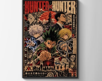 Hunter x Hunter Poster, Gon Killua Kurapika Leorio, Retro Anime Wall Art Print, Manga Collage