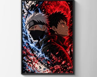 Kakashi and Obito Anime Poster, Red Moon Lightning Wall Art, Cherry Blossom Manga Print