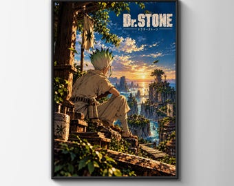 Dr Stone Anime Poster, Senku Ishigami Wall Art, Sunset Cliffside Village Print, Manga Room Decor