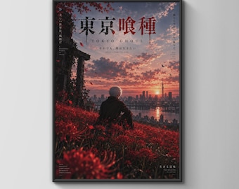Tokyo Ghoul Kaneki Poster, Anime Wall Art, Red Spider Lily Sunset Print, Japanese
